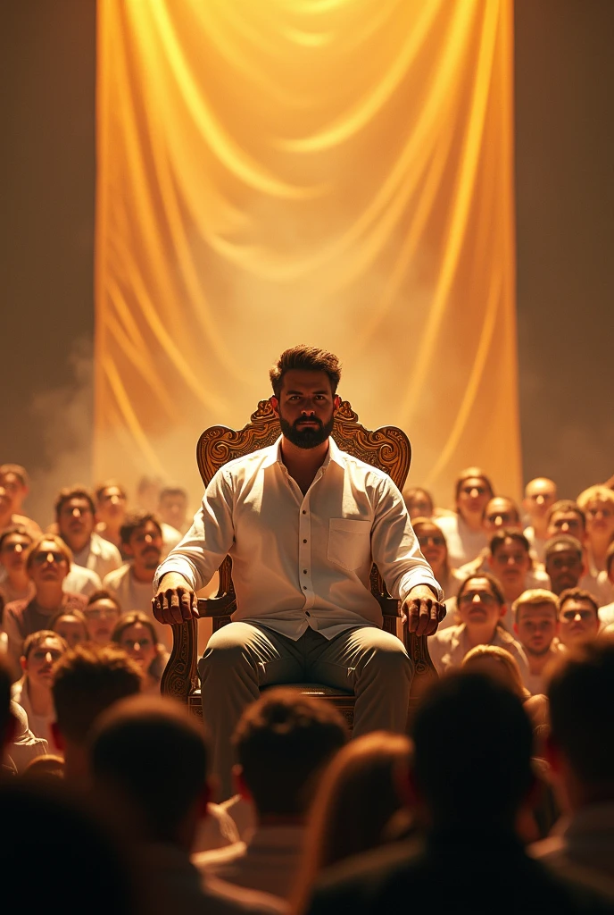 A man in centre with a short beard and dair hair, wearing a white shirt,front view face straight towards camera of the person sitting in king chair in the middle of a crowd in stage tamilnadu people are encouraging and surrounded the person in the background some cutout banner front view,poster design, glowing backround golden