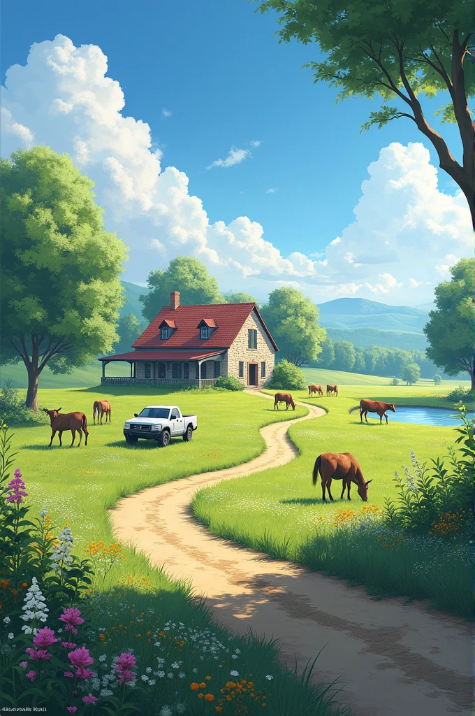 Imagine a green field with a stone and red tile farmhouse in the distance. The sun is shining in the blue sky with some white clouds. in the countryside, There are cows grazing and a horse drinking water from a pond. There are trees around the house and a dirt road leading to the entrance., There is also a white 4x4 truck. In the foreground, There are wild flowers and green grass. The scene is calm and serene, with a sense of peace and harmony with nature.