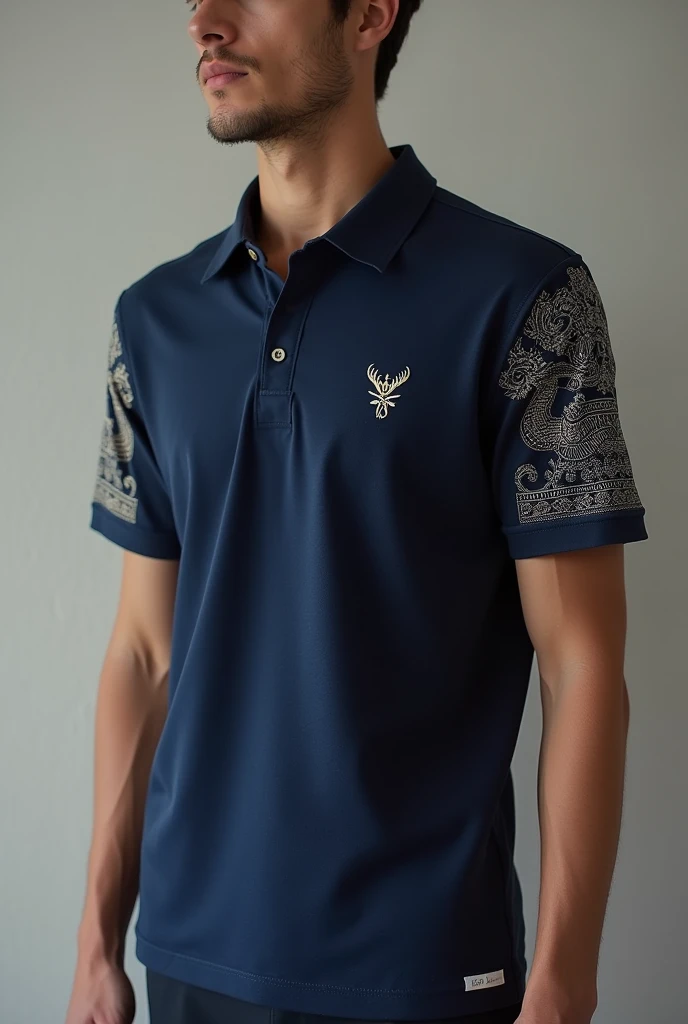 A simple and cool navy blue Thai pattern polo shirt with a design on one side of the sleeve. The body has a faint ancient Thai pattern.