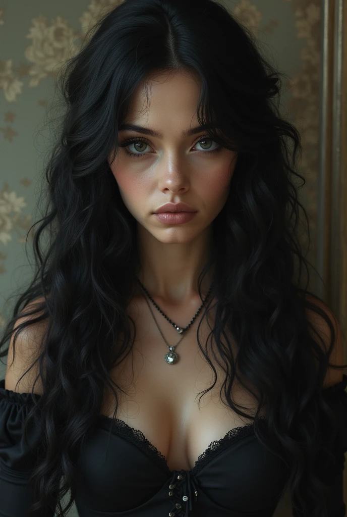 27 year old woman, eyes black, long curly hair down to waist black, wearing old lady clothes