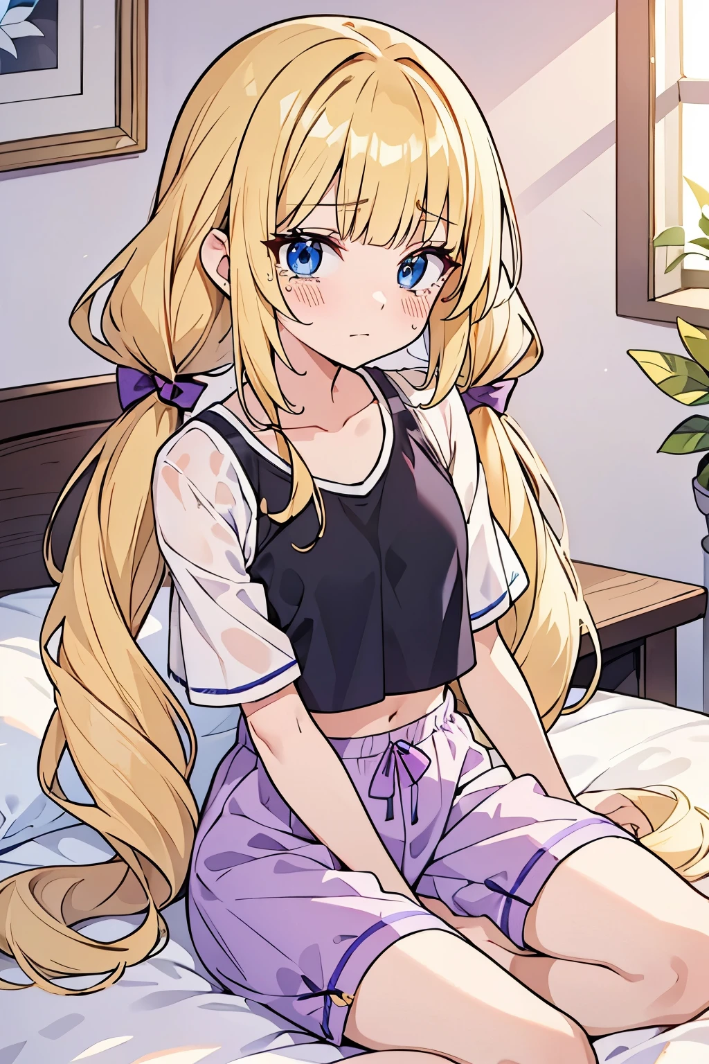 masterpiece, solo girl, (young female body:1.4), (small breasts), cowboy shot, flustered, yellow golden hair, extra gold long hair, thick wavy hair, hime cut, blunt bangs, crystal blue eyes, light blue detailed eyes, bedroom background, lilac and white pyjamas, socks, purple pyjama pants, short sleeping shorts, black tank top, short oversized purple top, crop top, short sleeves, wavy curly voluminous twintails, huge low twin tails, voluminous curly hair, butterfly sitting, crossed legs, purple lilac ribbon, tilted head