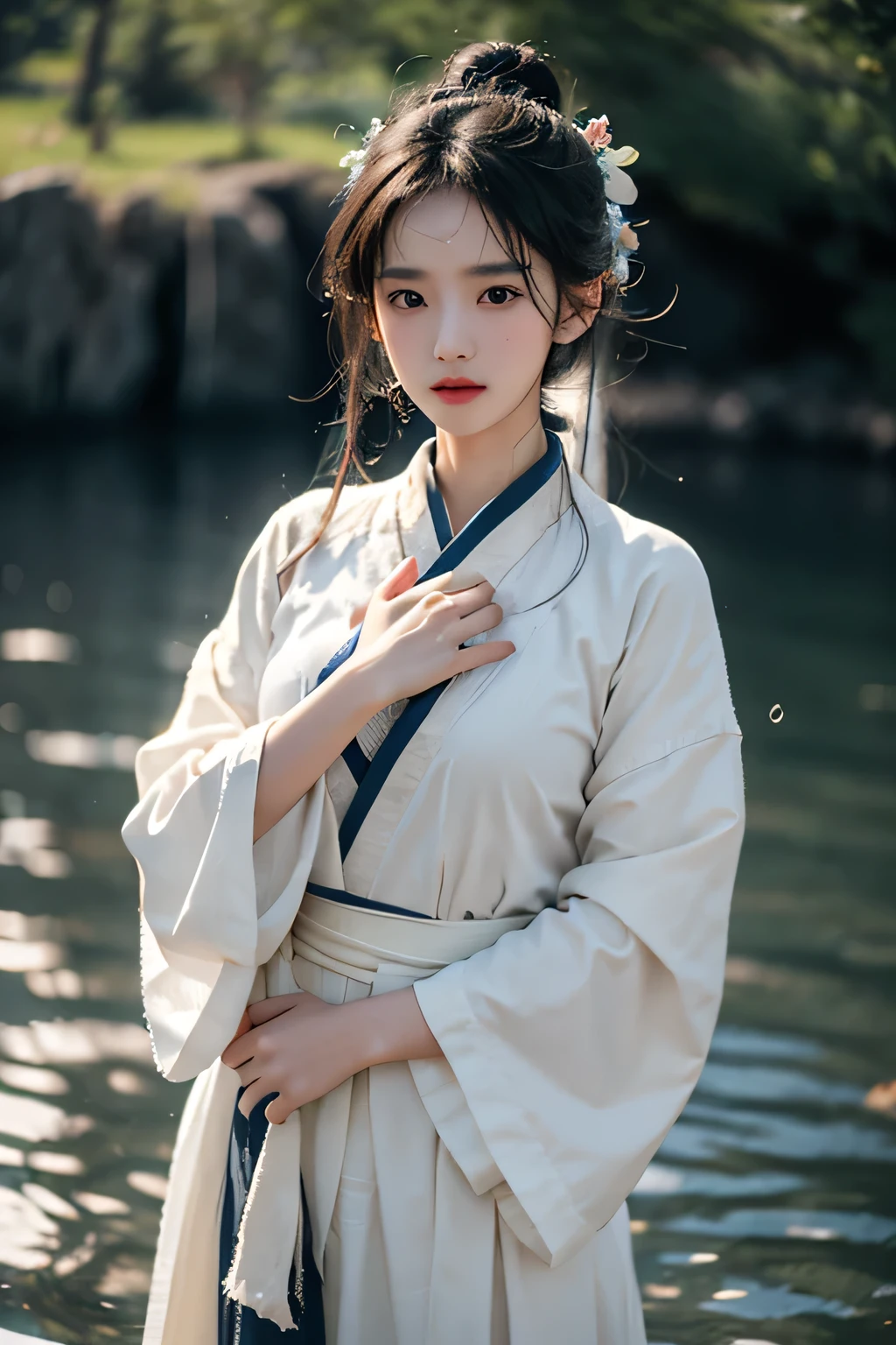 Ultra HD, 4K, Extremely detailed, Movie, a photograph of Fraction_9,Fraction_8_up,(masterpiece,best quality,Ultra-high resolution:1.1),prefect Lighting,score_clearly,Very beautifulBREAK (Sweat and purity:1.1), side_Light,(Bokeh:1.1),(Looking at the audience:0.9), 1 Girl,Breast separation,20 years old,Underwater,Movie A Chinese Ghost Story,Hanfu, Wu Zhongxing, Light makeup,outdoor,Icelandic landscape,, epic, beautiful Lighting, Inspiring