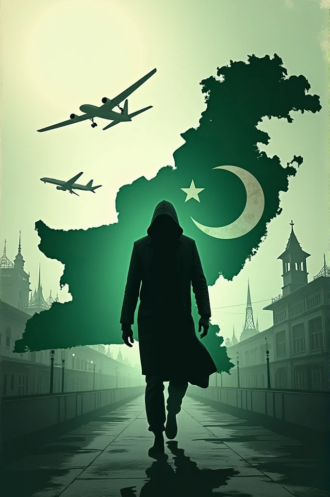 Give me a square picture that gives me an idea of Pakistan in every country, where the thief lives, where he is at the airport, where he lives in the background or a map of Pakistan on the side with the colors of Pakistan dark green or white. Or the green color is coming to an end