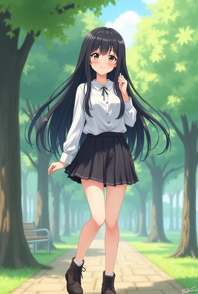 Standing in an empty park、Long black hair、mini skirt、Cute Face、Smiling、Anime Style、Full body portrait