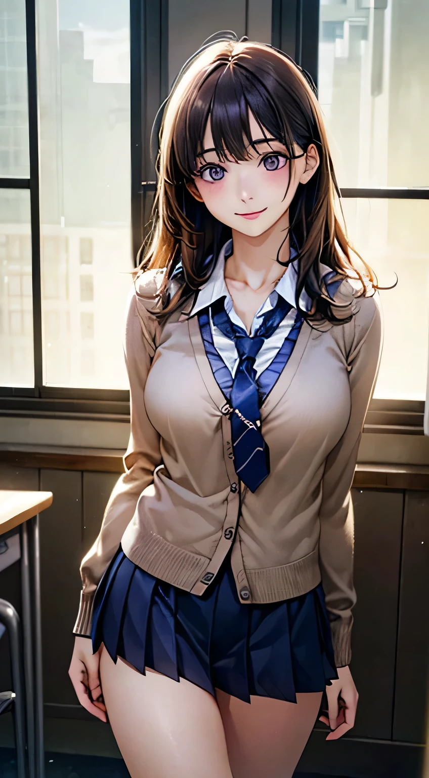 (masterpiece:1.2, Highest quality), (Realistic, photoRealistic:1.4), Beautiful illustrations, (Natural Side Lighting, Cinema Lighting), Browsing Caution, 
View your viewers, Cowboy Shot, Front view:0.6, 1 girl, Japanese, high School girl, Perfect Face, Cute and symmetrical face, Glowing Skin, 
(Long Hair:1.8, Straight hair:1.7, Blonde), Asymmetrical bangs, Purple eyes, (Large Breasts:1.1, Thick thighs), 
Beautiful Hair, Beautiful Face, Beautiful attention to detail, Beautiful clavicle, Beautiful body, Beautiful breasts, Beautiful thighs, Beautiful feet, Beautiful fingers, 
((Light blue collared shirt, Navy pleated mini skirt, socks, Navy tie, Light brown cardigan)), Pink Panties, 
(Beautiful views), evening, School, classroom, curtain, walk, Place your hand on your chest, (Cute smile, Upward glance), Indoor shoes
