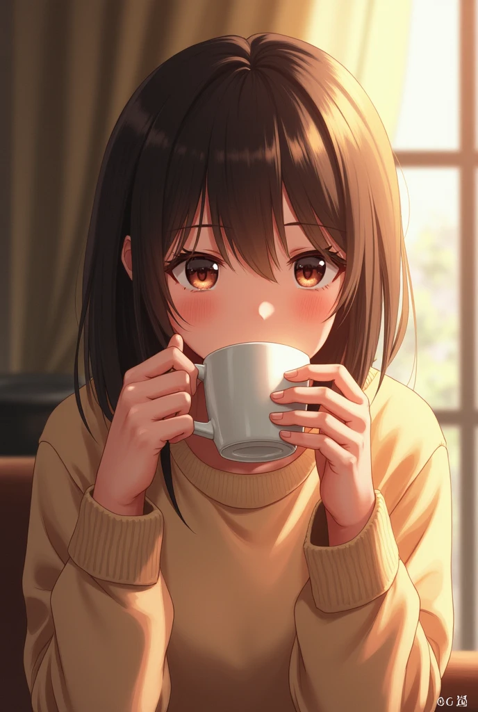 masterpiece, Highest quality, One Girl, Holding a coffee cup to one&#39;s mouth and drinking, The scene is intimate and warm., She is drinking coffee calmly, A blank look, The surroundings are comfortable, Soft lighting, Realistic, Photorealistic details, High resolution and precise finishing, Soft Focus、Delicate facial features, Detailed eyes, Sharp pupils, Depth of written boundary, ボケ Depth of written boundary, Sharp focus、Window with morning light streaming in, Comfortable room setting, Bright and attractive colours, Pleasant atmosphere