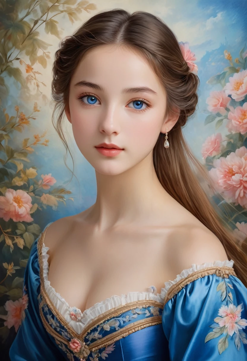 (High resolution,masterpiece:1.2),(Realistic:1.37)"(Highest quality, High resolution, Very detailed, Realistic),Beautiful portrait of a 16-year-old French ballet dancer from the 19th century, (She is half French and half Japanese., She is a beautiful woman with deep blue eyes and a high nose.:1.1), Exquisite ballet costumes, Detailed facial features, Long and graceful neck, Flowing locks of hair, Calm and elegant posture, Soft and delicate lighting, Classical Oil Painting Medium, Vibrant colors, Delicate background with floral motifs", Dreamy atmosphere, Surrealism,Mysterious Aura