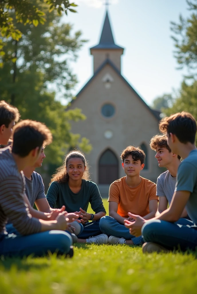 Several Catholic teenagers, a total of 20, sitting in a circle,with a chain that carries a delicate and small but visible cross on the neck,various shirt and jeans, sitting on the grass talking about God, where you can breathe tranquility and spirituality, with a church in the background