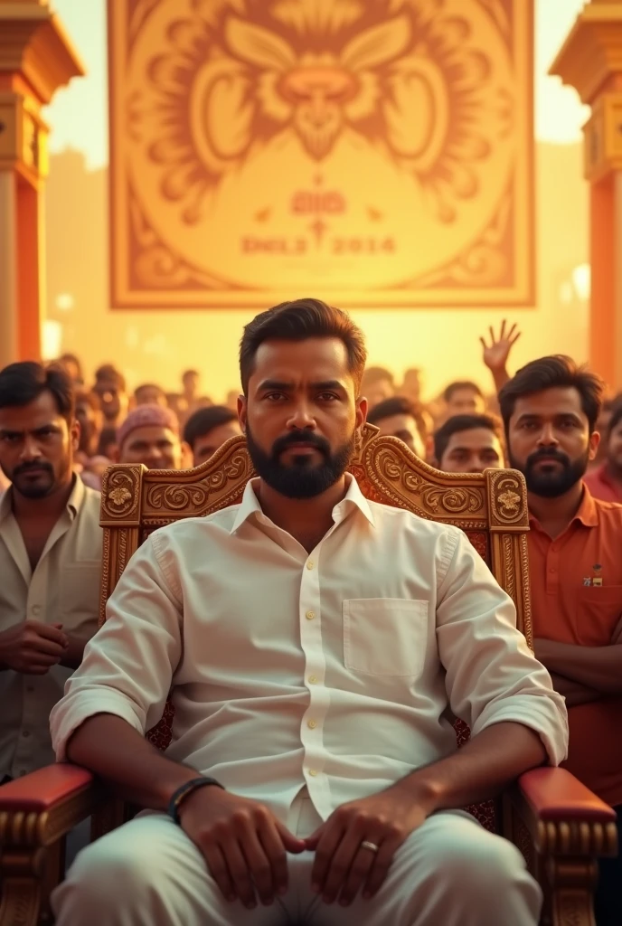 A man in centre with a short beard and dair hair, wearing a white shirt,front view face straight towards camera of the person sitting in king chair in the middle of a crowd in stage tamilnadu people are encouraging and surrounded the person in the background some cutout banner front view,poster design, glowing backround golden