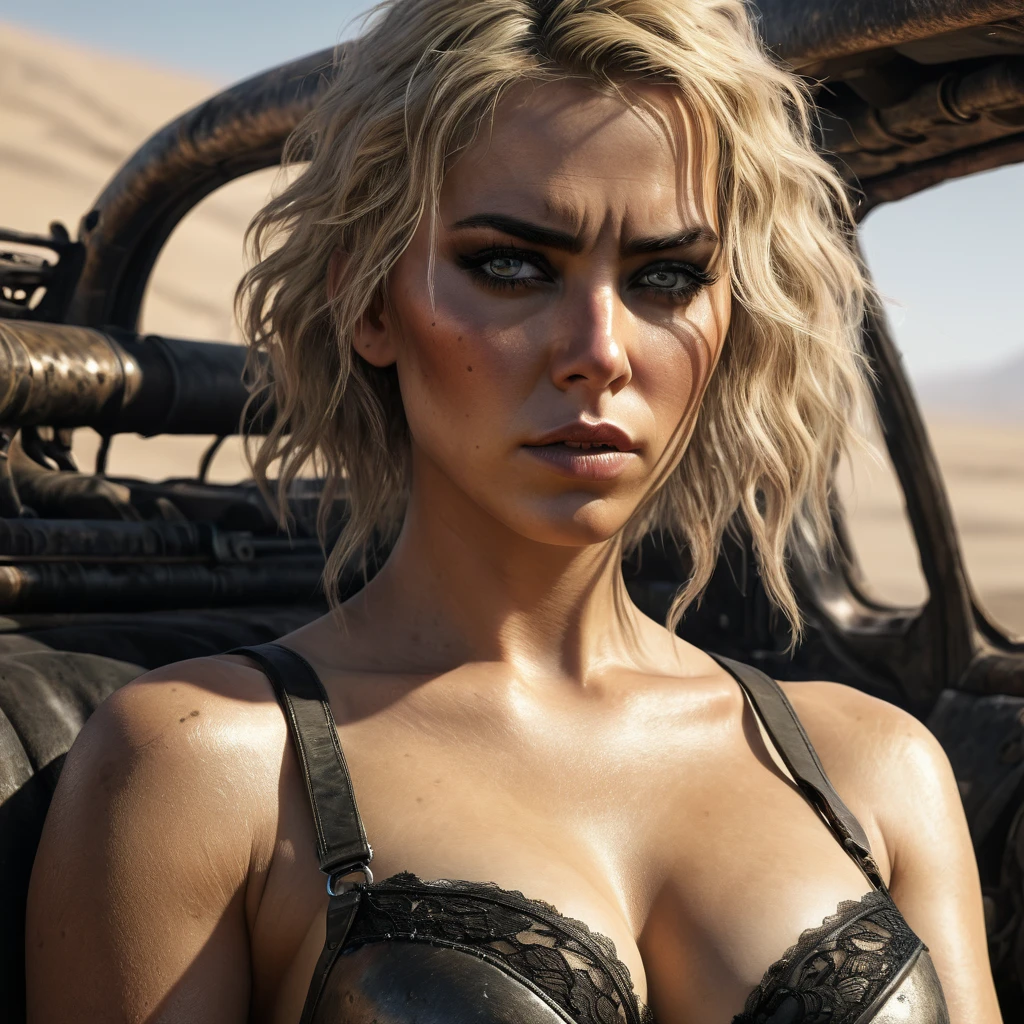 Mad Max Woman, photographrealistic, Postapocalypse、rifle、(((Naked))), Colossal 、Young Woman、Lots of skin、(extremely detailed CG unity 8k wallpaper:1.5),<(masterpiece:1.5), (best quality:1.7), (full body type), (ultra wide angle), high resolution illustration, (finely detailed eyes and detailed face:1.3), (detail:1.3, best quality, (ultra-detailed), (an extremely delicate and beautiful), (illustration), masterpiece, best quality, detailed face, 1girl, realistic, solo, a 44 year old, mature, v1873c, long_hair, blonde_hair, (with a black lace bra