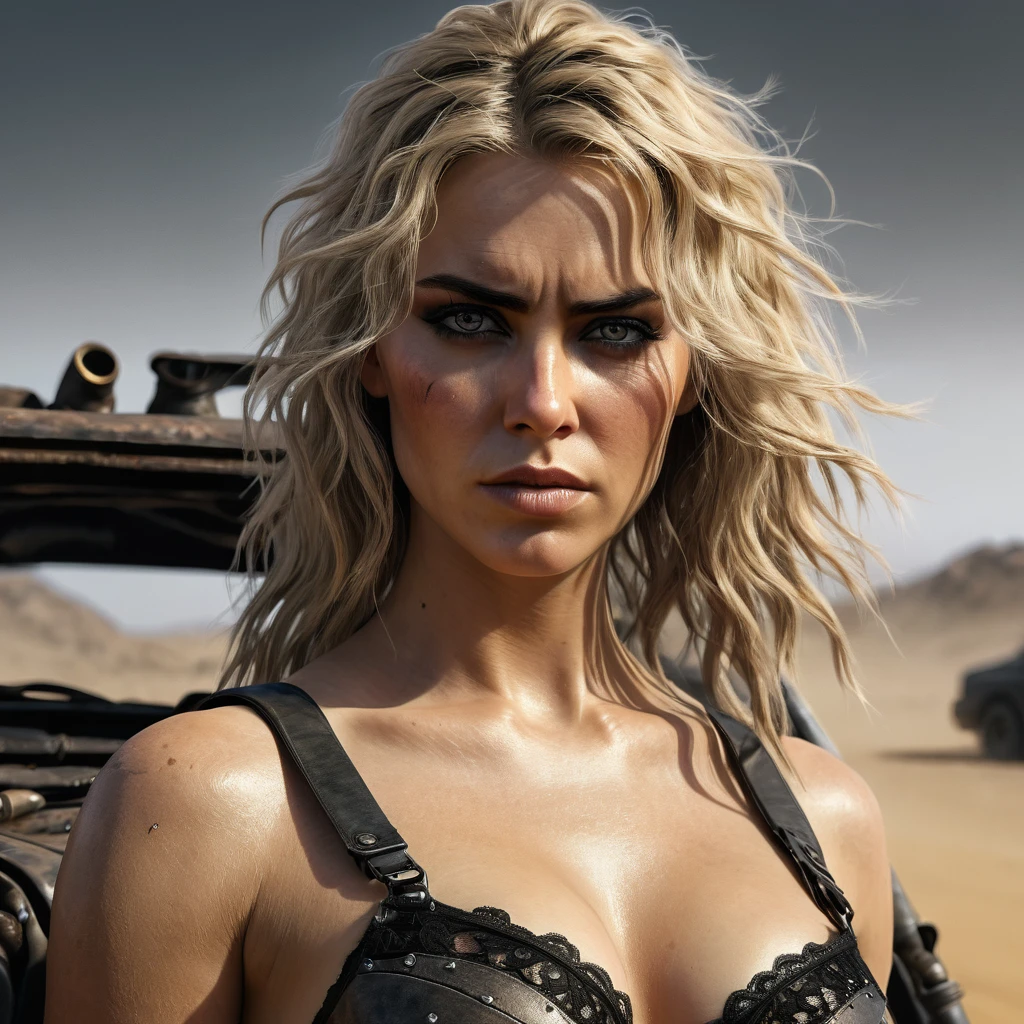 Mad Max Woman, photographrealistic, Postapocalypse、rifle、(((Naked))), Colossal 、Young Woman、Lots of skin、(extremely detailed CG unity 8k wallpaper:1.5),<(masterpiece:1.5), (best quality:1.7), (full body type), (ultra wide angle), high resolution illustration, (finely detailed eyes and detailed face:1.3), (detail:1.3, best quality, (ultra-detailed), (an extremely delicate and beautiful), (illustration), masterpiece, best quality, detailed face, 1girl, realistic, solo, a 44 year old, mature, v1873c, long_hair, blonde_hair, (with a black lace bra