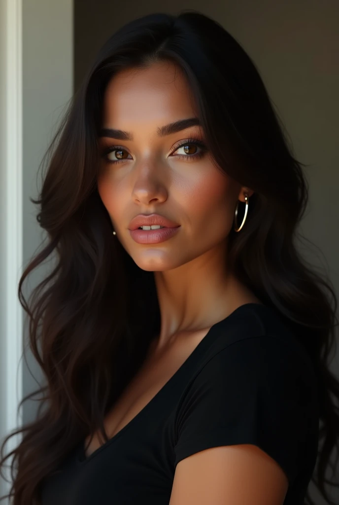 Black hair, long hair, almond eyes, brown eyes, olive skin color, big lips, small nose, model, sexy girl, black T-shirt oval face rings earrings