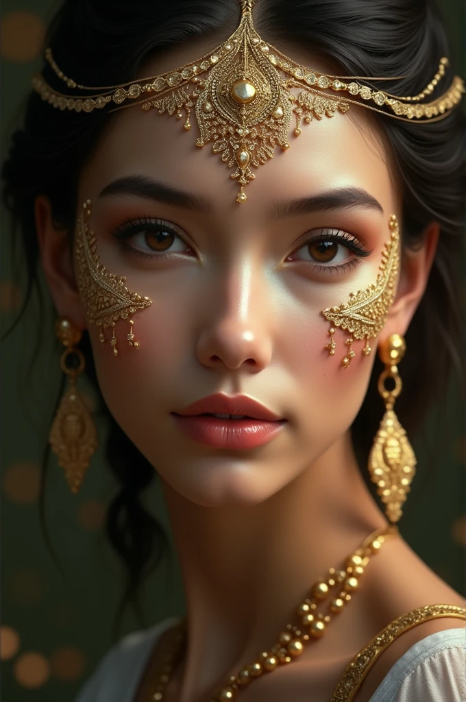 Women weating gold ornaments in her face
