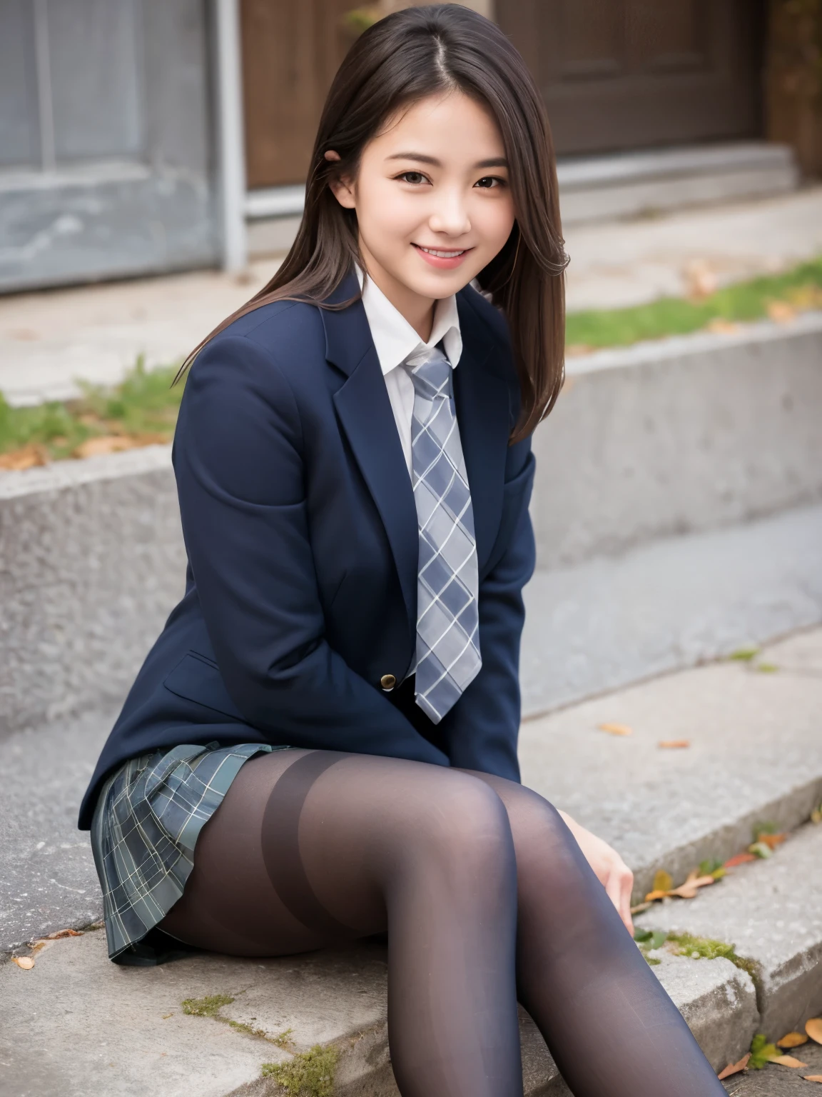 (8k), (Highest quality: 1.2), (Realistic), (Realistic: 1.37), Ultra-high resolution, (1 girl), cute, smile, Mouth closed, Beautiful details, Beautiful Nose, Wet Hair, Two giant cells, pork, Thighs，Self Snap,university student ,A simple navy blue blazer,Pleated skirt,(The skirt and tie are gray tartan check pattern........:1.3),(Sheet:1), Sit on the floor,(Grab my legs:1),(Sexy black pantyhose:1.3),in front,knees,