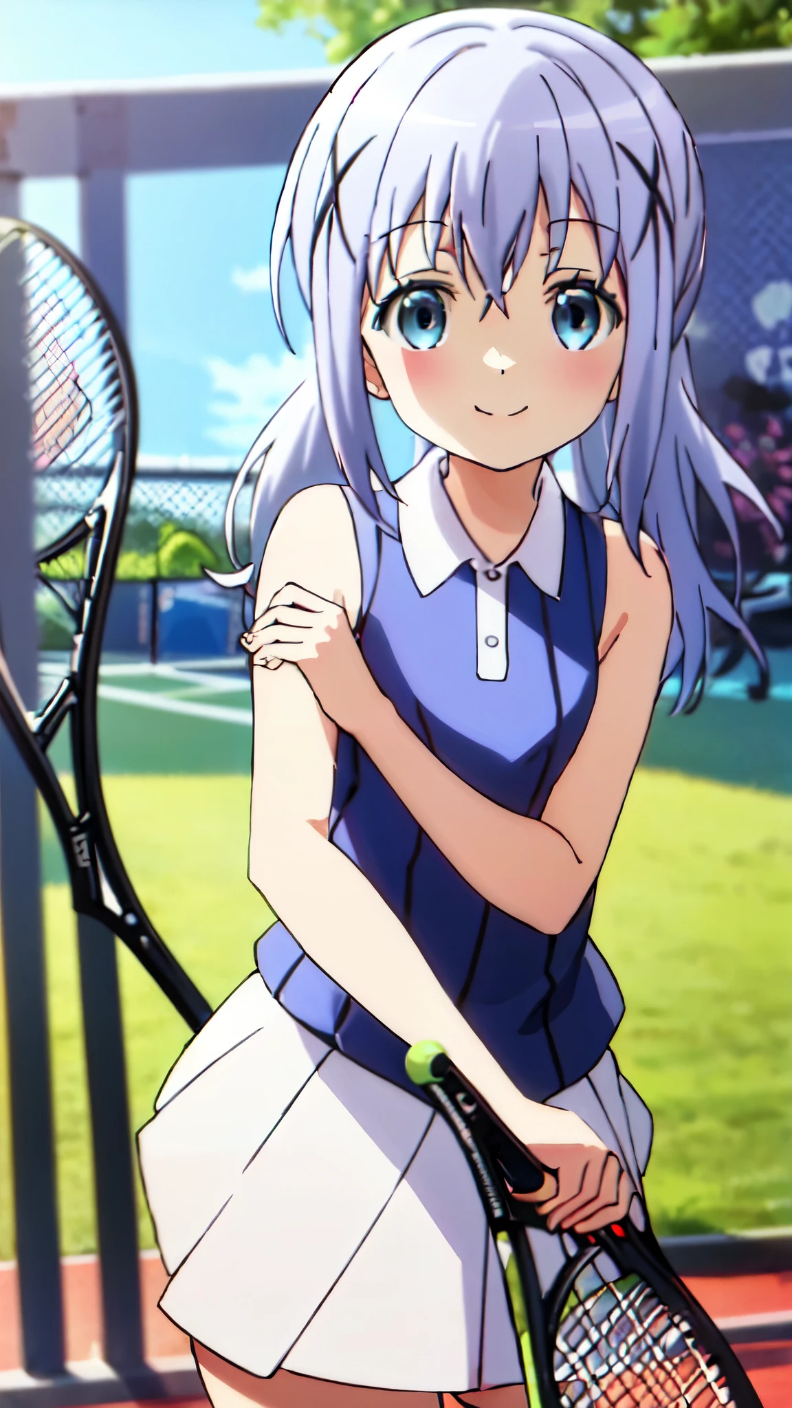 Chino Kafuu,very cute and beautiful girl,(highly detailed beautiful face and eyes),(tennis wear:1.5), standing,tiny colorful flowers on grassland,
(smile),looking at viewer,blue hair,cowboy shot,
(best quality,masterpiece:1.0),absurdres,highres,ultra-detailed,extremely detailed,32K,
cinematic scene,detailed background,solo,dynamic angle,
hair fluttering in the wind,beautiful detailed sky,