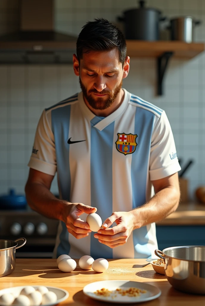 Messi breaking eggs.realistic.