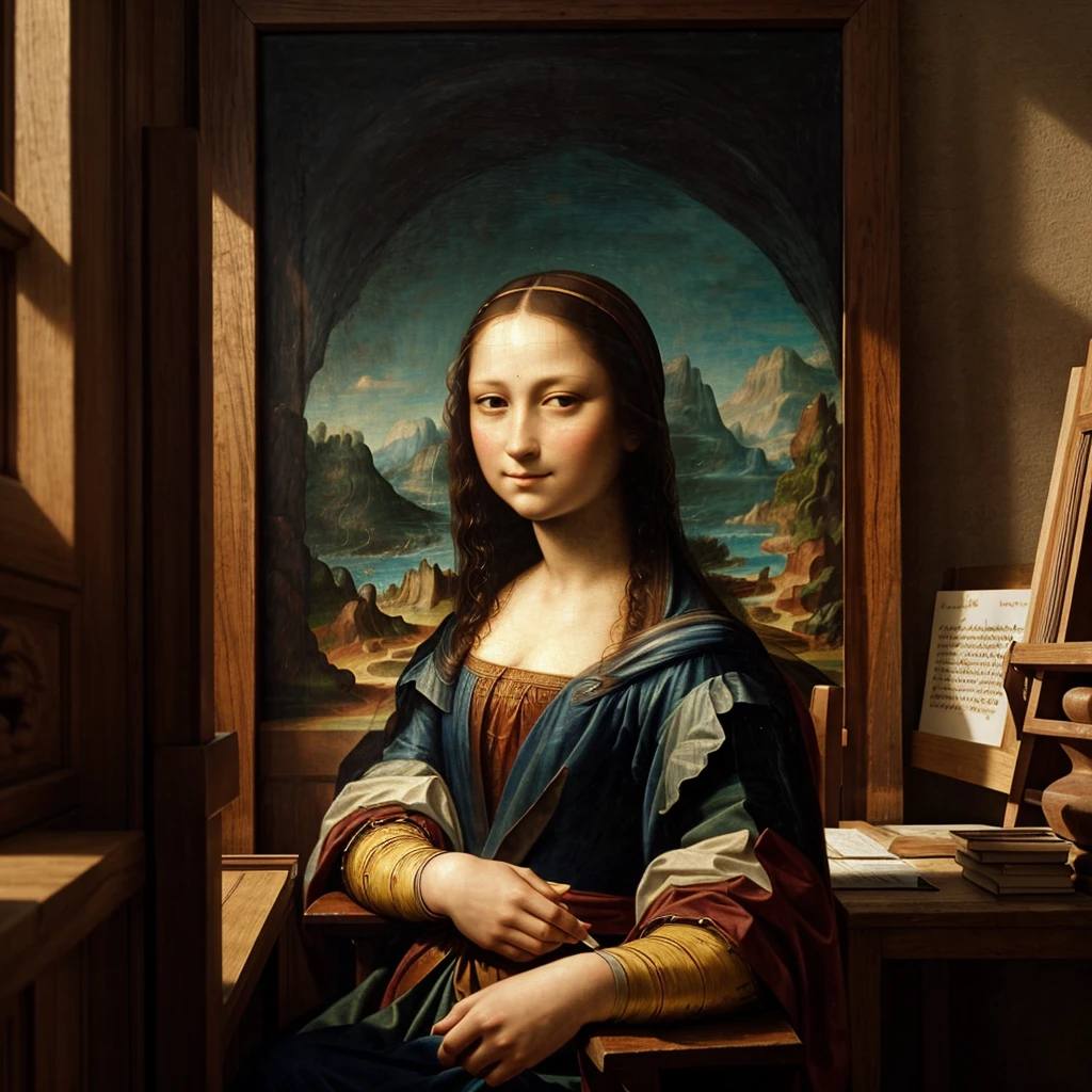 

Draw a scene in a Renaissance studio softly lit by natural light. In the center of the scene, Mona Lisa stands in front of a large painting. She is wearing a painting apron and is holding a paintbrush., applying paints to the canvas. Her dark hair falls softly over her shoulders, and she is focused on creating a portrait of Leonardo da Vinci.

Leonardo da Vinci sits in a tall carved wooden chair, observing the work of Mona Lisa with an expression of wisdom and tranquility. He has a long white beard and a look of pride and patience., reflecting respect and admiration for the young artist.

The environment should reflect the Renaissance atmosphere with rich tapestries on the walls and shelves full of books and scrolls.. The soft light coming through the arched windows should create an ethereal effect in the scene., highlighting the interaction between the two artists.

---