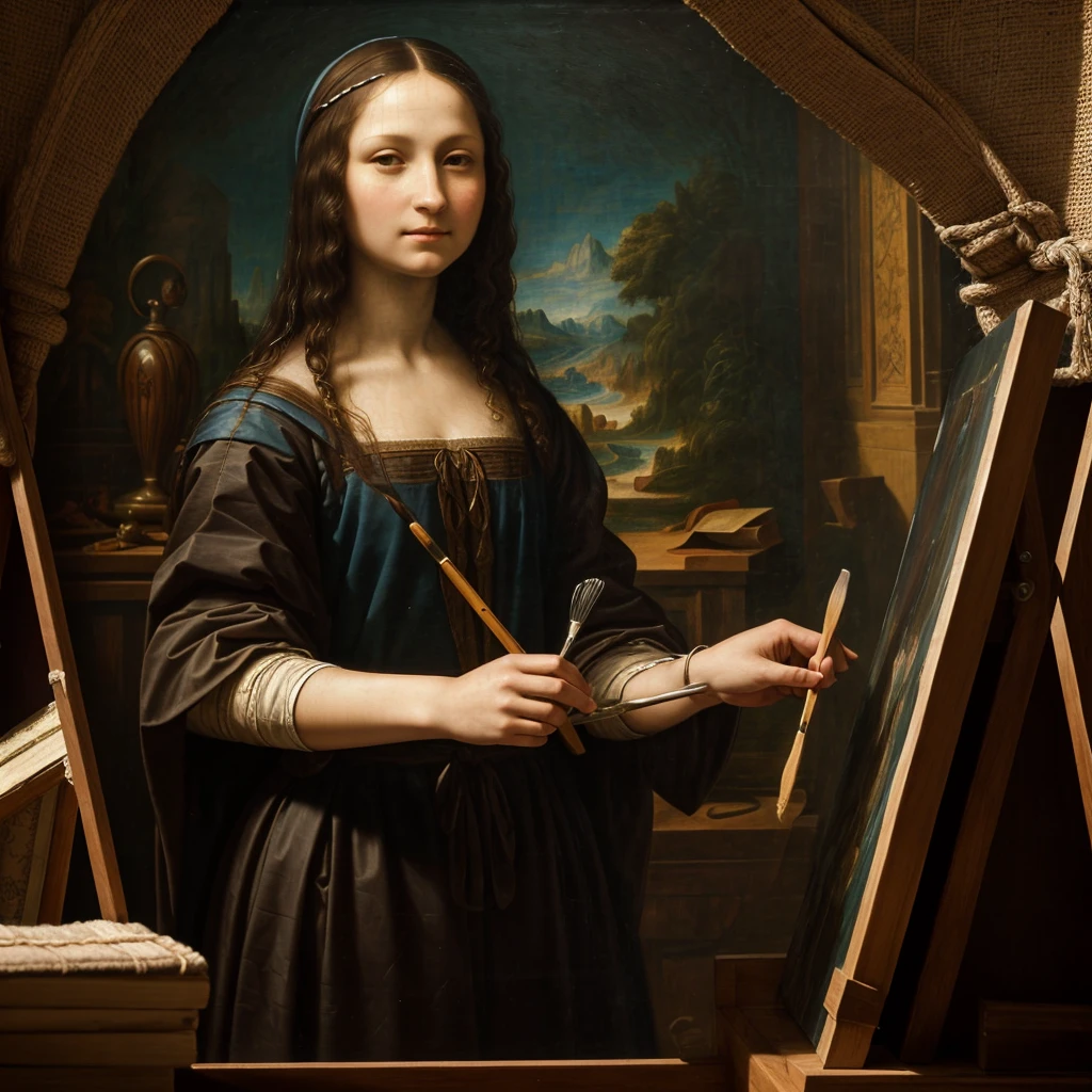 

Draw a scene in a Renaissance studio softly lit by natural light. In the center of the scene, Mona Lisa stands in front of a large painting. She is wearing a painting apron and is holding a paintbrush., applying paints to the canvas. Her dark hair falls softly over her shoulders, and she is focused on creating a portrait of Leonardo da Vinci.

Leonardo da Vinci sits in a tall carved wooden chair, observing the work of Mona Lisa with an expression of wisdom and tranquility. He has a long white beard and a look of pride and patience., reflecting respect and admiration for the young artist.

The environment should reflect the Renaissance atmosphere with rich tapestries on the walls and shelves full of books and scrolls.. The soft light coming through the arched windows should create an ethereal effect in the scene., highlighting the interaction between the two artists.

---