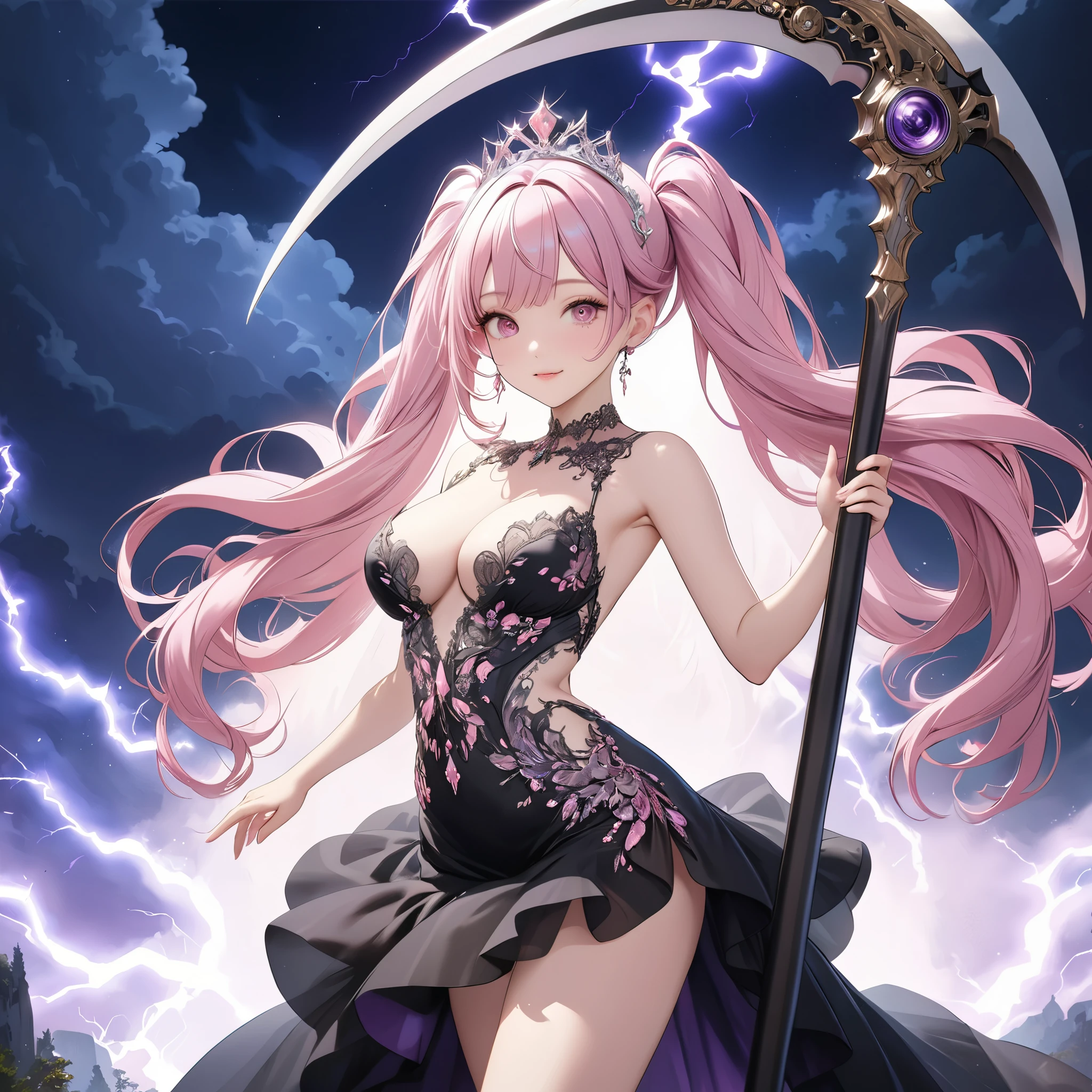 (8K, masutepiece, Highest Quality, Best Quality, Official art, Breathtaking beauty and aesthetics, A highly detailed, The best masterpiece in history that exceeds limits, Breathtaking and beautiful lighting:1.2), (1 Girl, solo), (sixteen years old), (beautiful detailed face), (shiny white skin), (Beautiful big bust, cleavage:1.2), (thighs), (beautiful detailed pink twin tails hair, bangs:1.3), (beautiful detailed drooping pink eyes:1.5), BREAK, (Beautiful detailed fantastic black dresses, black See-through intricate lace, black ribbon, silver thread), (Beautiful Luxurious Diamonds Tiara), (mysterious smile), (dynamic cut, Attractive, Look at the camera, cute pose), breathtaking scenery, BREAK, (ultra detailed beautiful purple lightning, night sky:1.2), (Beautiful detailed fantastic mysterious big scythe:1.3),