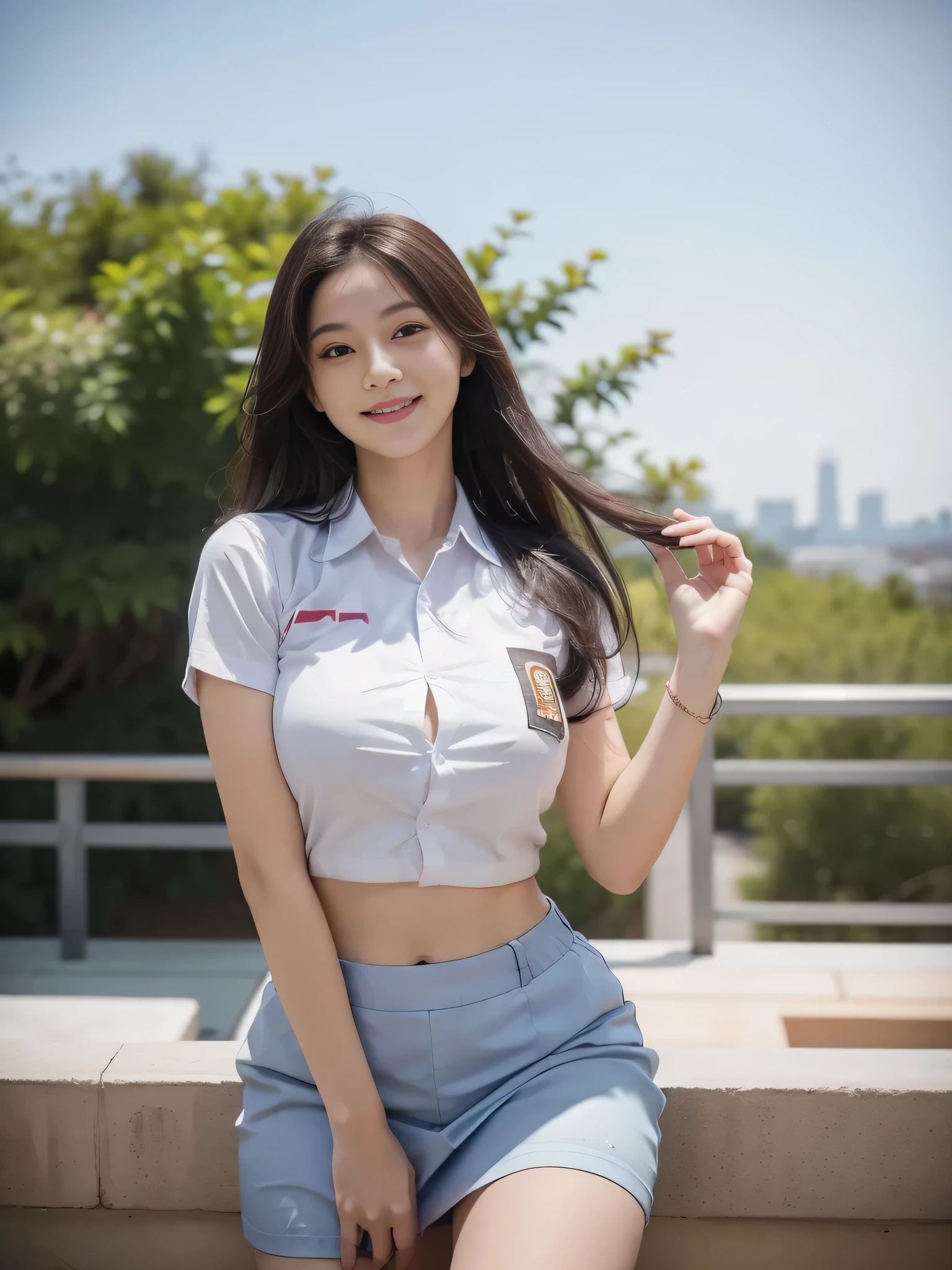 1girl, solo, 19 years old, (uniform), detailed Metropolitan city at the background, portrait, thick breasts, semi-curvy body, Sixpack abs, smooth realistic skin, cute smile, tight white shirt, grey blue short skirt, looking at the audience, high angle shot,(8k, RAW photo, best quality, masterpiece: 1.3), (realistic, realistic: 1.37), ultra-high resolution, cowboy shot