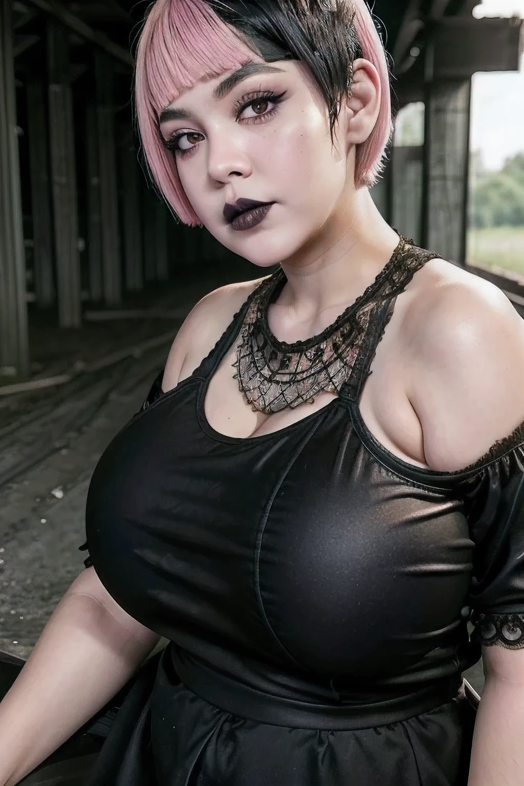 ((GOTH GIRL BLACK LIPS)), (((SHORT HAIRCUT))), A girl with a very fat bbw body naked in the middle of a dilapidated bridge, ((NECK LACE)), ((PINK)), ((BIGGER:2.1))