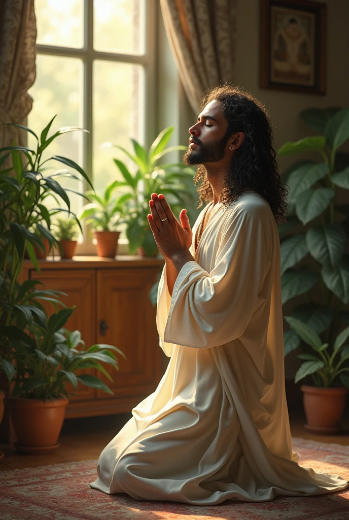 (photorealism:1.2), a man with long hair, prayinh on hie nee in Wight gaun, long curly hair, indoors, soft lighting, plants in background, window with sunlight, cozy room, , realistic, intricate details, warm colors, by Greg Rutkowski,