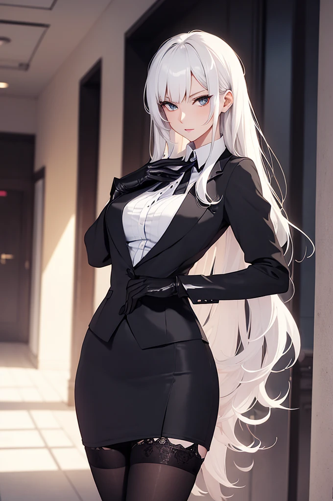 Beautiful, anime, {20 year old} adult woman, tall, slender woman, white hair, white business shirt, rolled back sleeves,pencil shirt, long black stockings, black gloves {gloves fully covering hands} large breasts, Seductive and erotic woman, happily looking at viewer. Lone Hallway background