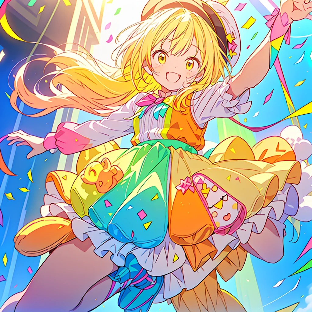 (Little kid:1.15),girl,Blushing,(white、pink、Yellow green、Yellow marbled hair:1.35),(Smooth long hair:1.2),(hat:1.3),(A big smile:1.35),(Orange heart-shaped eyes:1.3),(Laughing with mouth open:1.25),(A colorful and gorgeous atmosphere like stained glass:1.25),(A fluffy and cute outfit like an idol:1.3),(Uniform-inspired outfit:1.25),(Cute pose with hands next to face:1.3),(Goody two shoes:1.3),(Close-up of face:1.35),(Brightness:1.35),(Gentle sunlight:1.25),(Colorful tape and confetti:1.25),(Active movement:1.3),(Cute stuffed toys and sweets are flying around:1.3),(Colorful and cute POP atmosphere:1.2)、