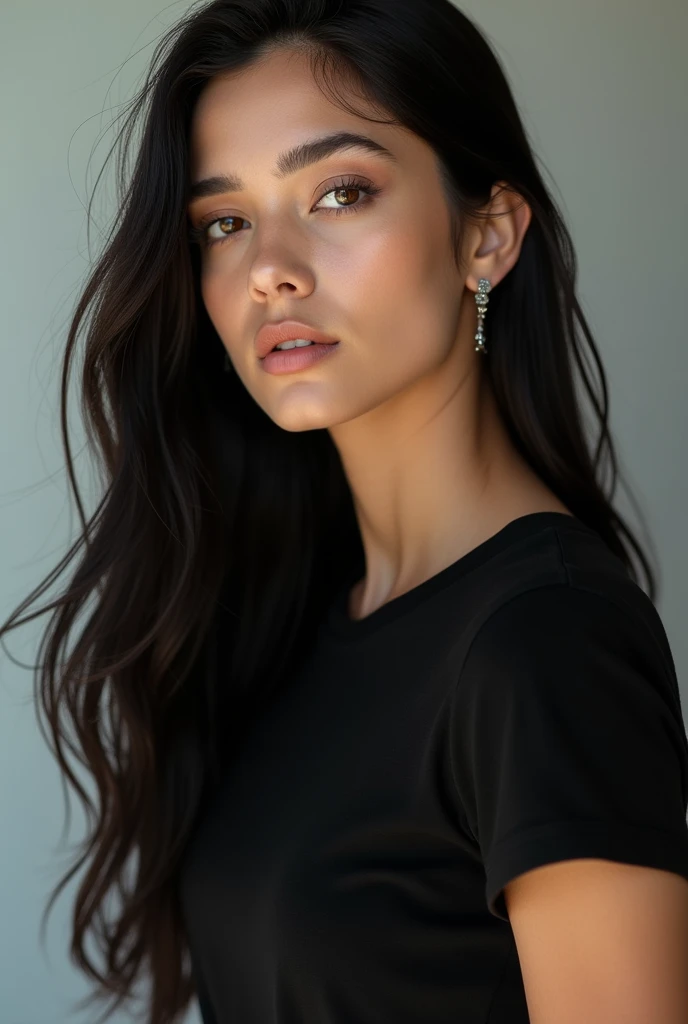 Black hair, long hair, almond eyes, brown eyes, olive skin color, big lips, small nose, model, sexy girl, black T-shirt oval face rings earrings