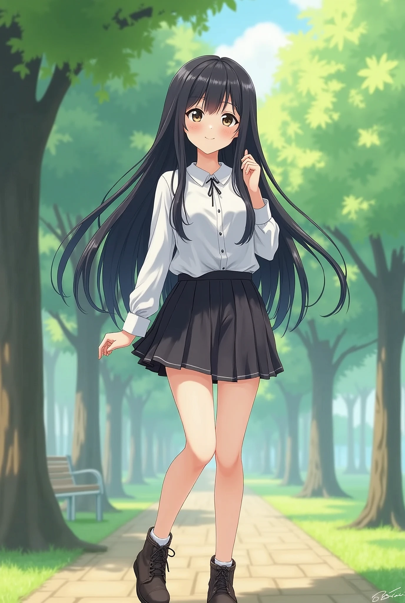 Standing in an empty park、Long black hair、mini skirt、Cute Face、Smiling、Anime Style、Full body portrait