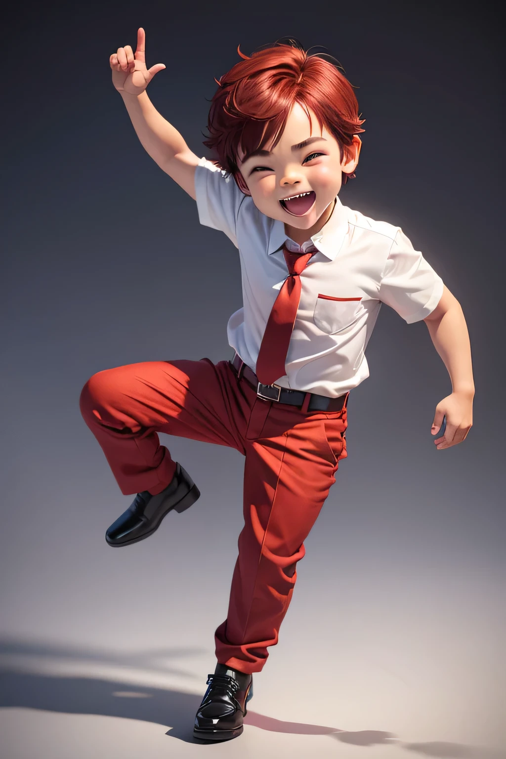 3d midget model, 6 years old boy wear white shirt and red pant with red tie, fun, full body, happy, thump up, animation, variation hair model, greenscreen