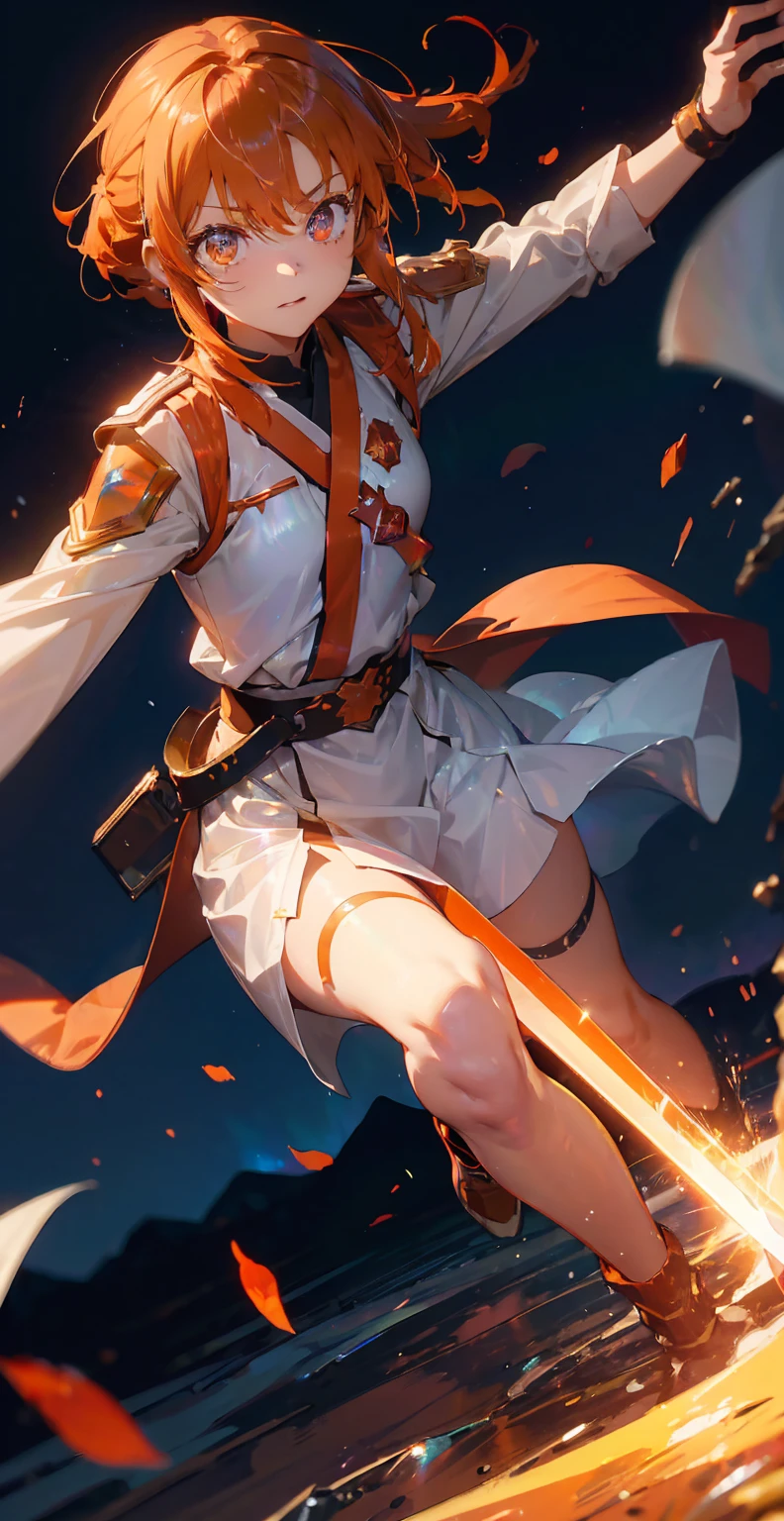 asunayuuki, Orange Hair， With two shining swords, White combat uniform, Sword Art Onlineの翻案, A red stroke simulating the character&#39;s speed, BATTLE MODE, (Surreal), {Highly detailed CG unit wallpaper 8k}, Vast landscape photography, (A central vision that prioritizes the whole character, (Viewer-facing view), (Low angle shot), (stand out: 1.5), (Low light: 1.0), (Warm light source: 1.0), Intricate details, (Iridescent colors: 1.5), (Bright lighting), (Atmospheric lighting), Sword Art Online, dream-like, anime