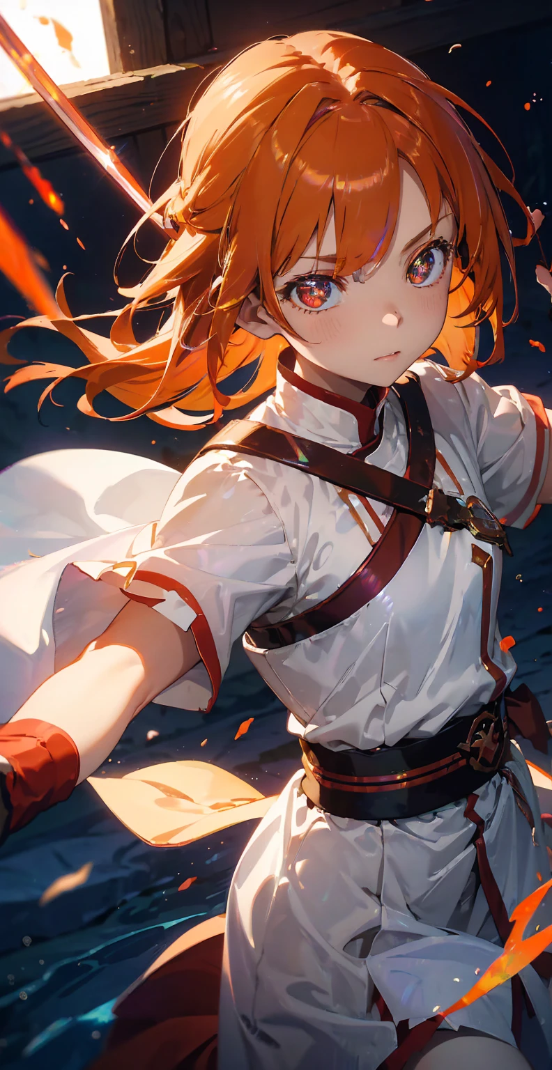 asunayuuki, Orange Hair， With two shining swords, White combat uniform, Sword Art Onlineの翻案, A red stroke simulating the character&#39;s speed, BATTLE MODE, (Surreal), {Highly detailed CG unit wallpaper 8k}, Vast landscape photography, (A central vision that prioritizes the whole character, (Viewer-facing view), (Low angle shot), (stand out: 1.5), (Low light: 1.0), (Warm light source: 1.0), Intricate details, (Iridescent colors: 1.5), (Bright lighting), (Atmospheric lighting), Sword Art Online, dream-like, anime