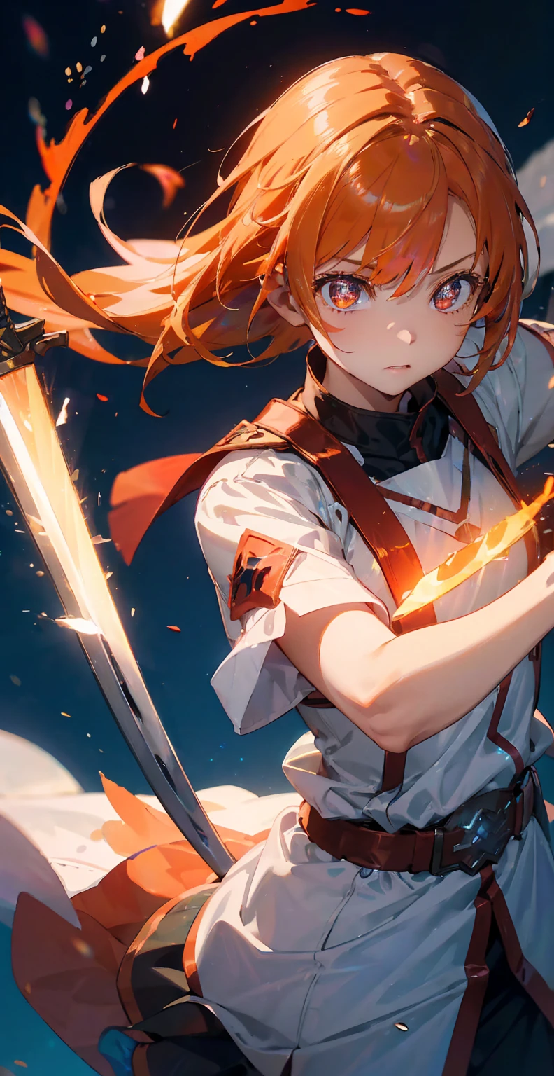 asunayuuki, Orange Hair， With two shining swords, White combat uniform, Sword Art Onlineの翻案, A red stroke simulating the character&#39;s speed, BATTLE MODE, (Surreal), {Highly detailed CG unit wallpaper 8k}, Vast landscape photography, (A central vision that prioritizes the whole character, (Viewer-facing view), (Low angle shot), (stand out: 1.5), (Low light: 1.0), (Warm light source: 1.0), Intricate details, (Iridescent colors: 1.5), (Bright lighting), (Atmospheric lighting), Sword Art Online, dream-like, anime