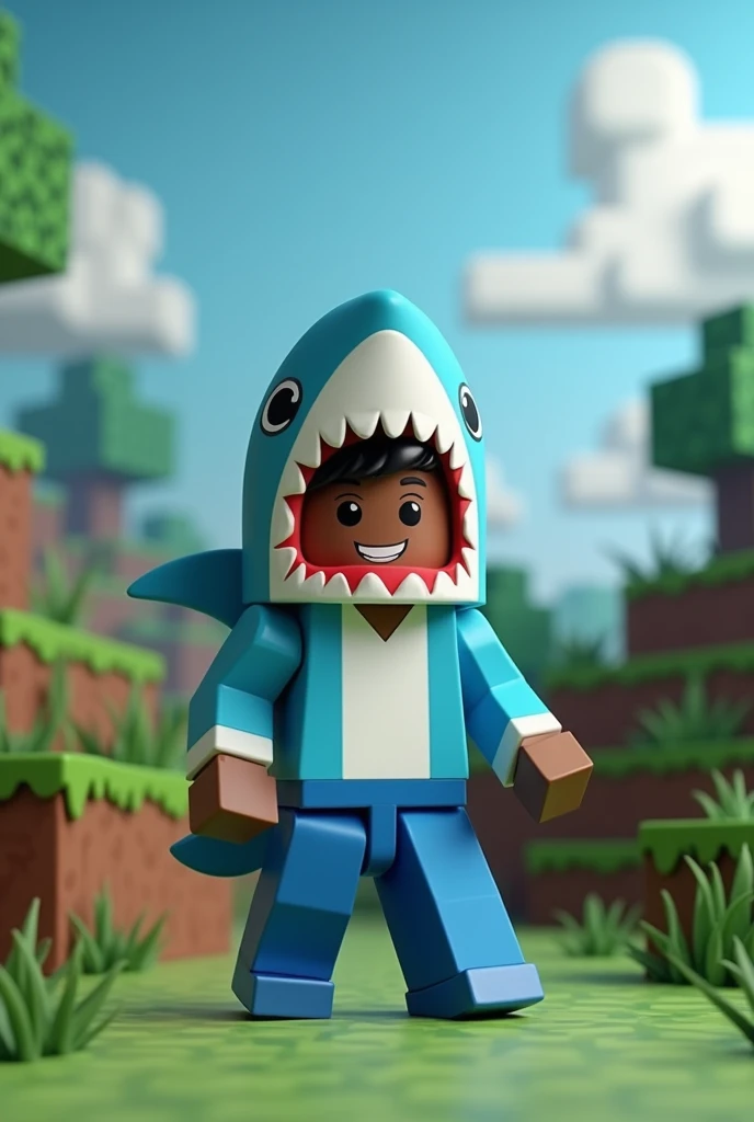 A Minecraft character, with a shark costume, with chocolate skin, with blue pants, with a blue shoe, Minecraft background,  Posing for a photo
