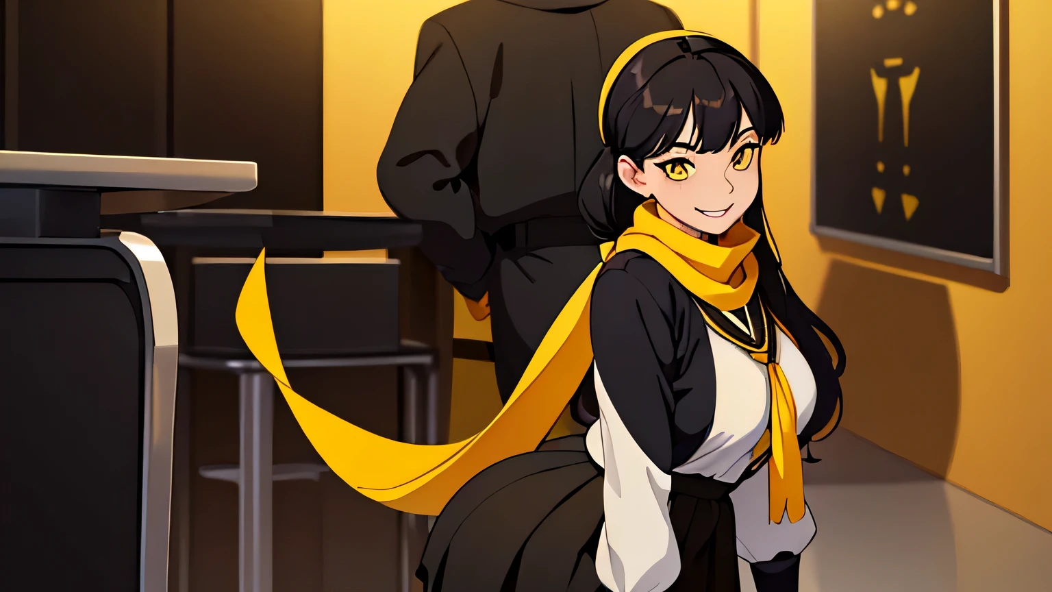 a one woman , white  shirt, black pantyhouse ,blackstockings. (((big black hair, smooth ass))), ((( standing ))), (((yellow  eyes))), smiling facial expression, class room,(((Black Skirt))), (((yellow neck scarf)))
