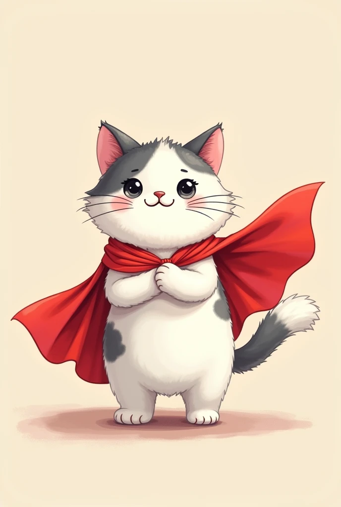 A white cat with grey spots and a red cartoon-style cape