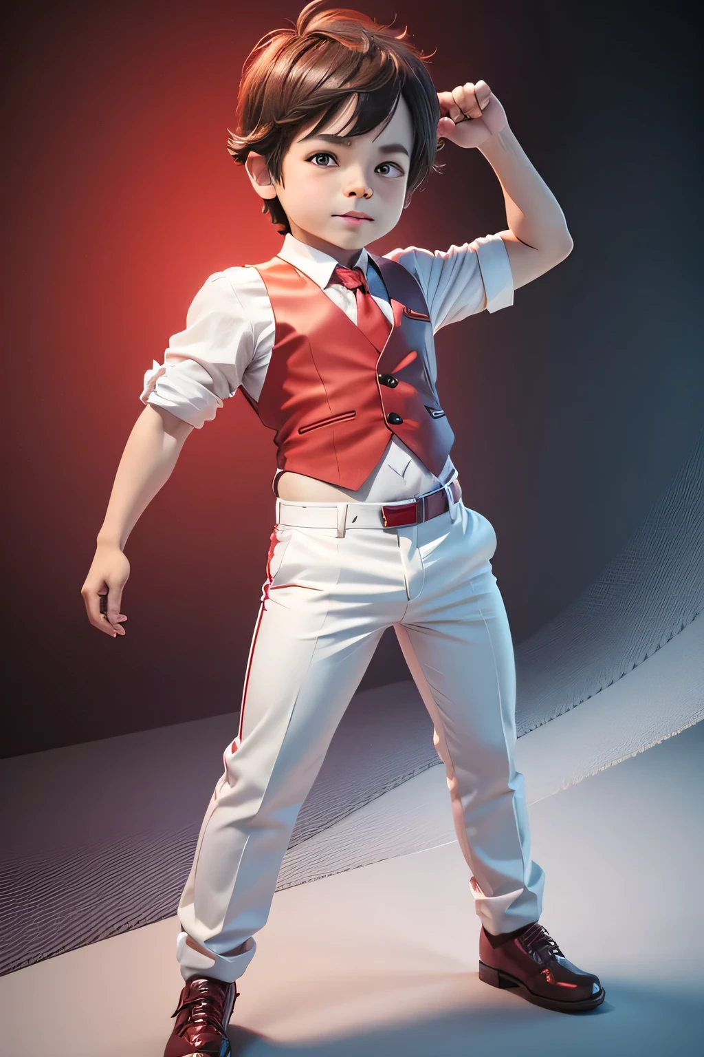 3d midget model, 6  boy wear white shirt and red pant with red tie, fun, full body, happy, thump up, animation, variation hair model, greenscreen