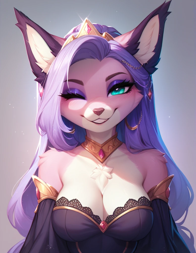 An original character, anthropomorphic, furrygirl, by MagdaLuna - PDXL, por Hardcore Furry, very beautiful, smug smile, one eye closed, trying to lift up the blouse
