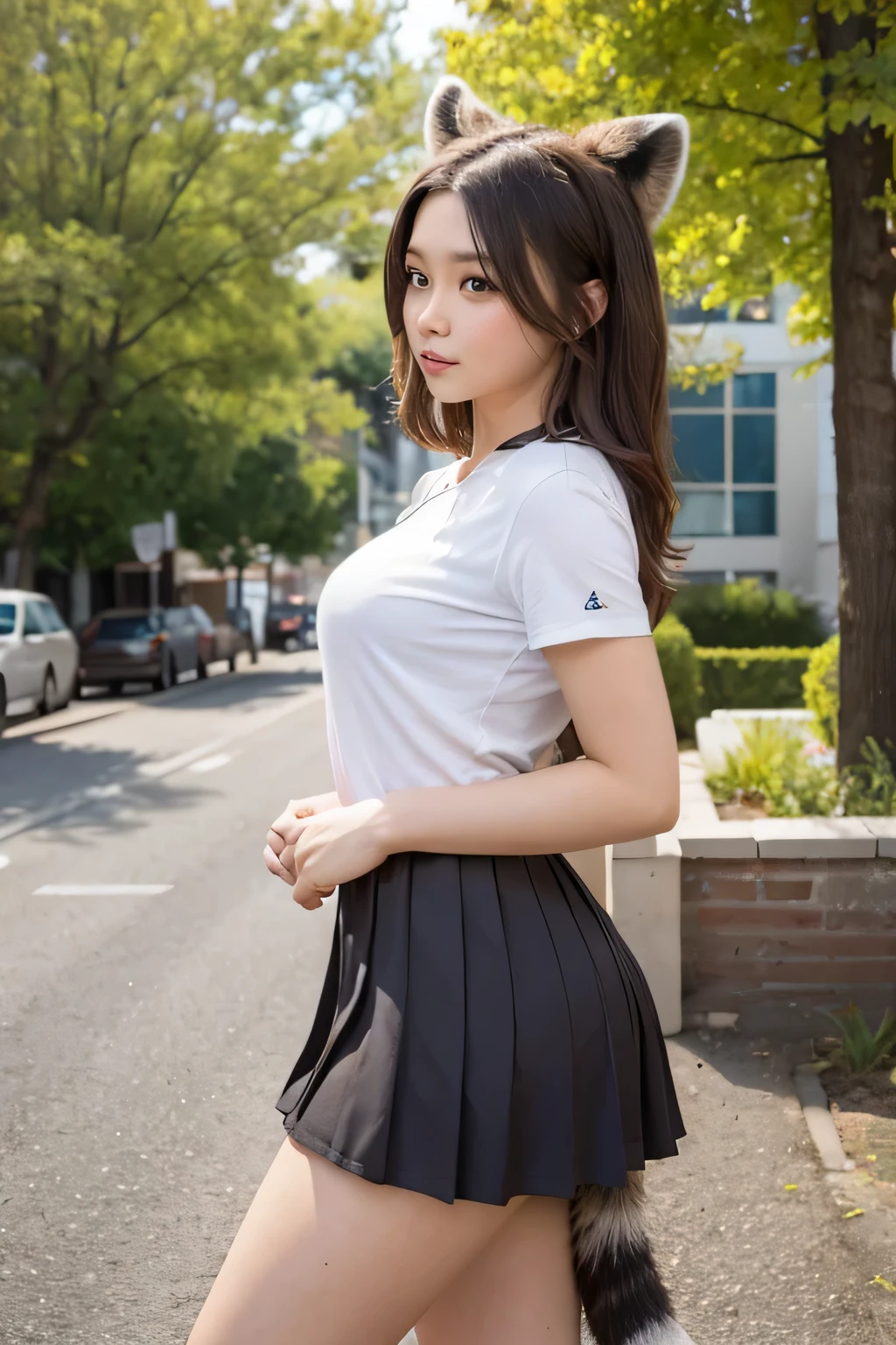 ((Highest quality, 8k)), ((masterpiece)), (Highest Resolution), Perfect Face, Woman with a raccoon tail, Female college student, Beautiful woman, public, ending, She has a thick tail, Big raccoon tail, She has a brown raccoon tail., She wags her tail, Embarrassed face, she is wearing a short skirt, Beautiful Hips , Small breasts, The hem of the skirt is rolled up