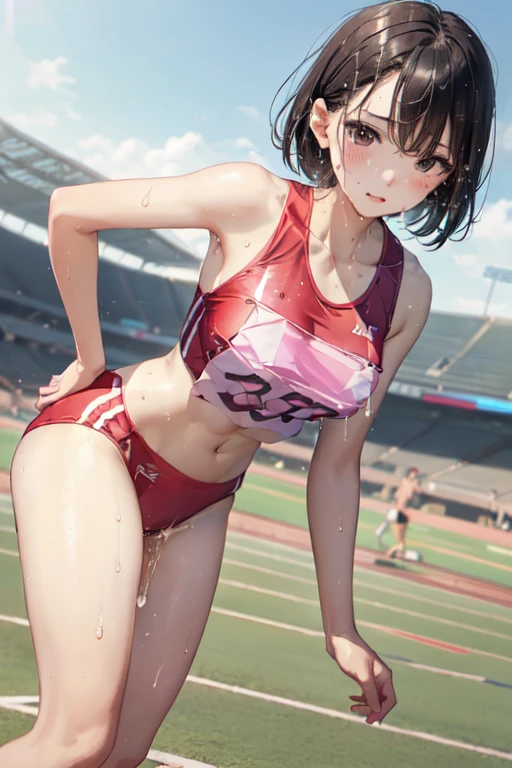 NSFW、very cute and beautiful girl,Very thin body、Model body type、(Highly detailed beautiful face), (((全身にSweatをかく))),(((Sweat)))、(((Sweat臭い)))、(((Body odor)))、blush,((Black Hair、short hair、Pink highlights on the inside)),((Gal、Medium chest)),((Track and field athlete uniforms)),((Low Angle、Dynamic Angle)), ((outside)), (Highest quality,masterpiece:1.0),Very detailed,32K,8k resolution, Intricate details,Movie Scenes,Detailed Background,alone,Dynamic Angle,(((Love juice drips from the crotch)))、(Athletics Stadium)、((100m walk、Just before the start、Crouching start position))