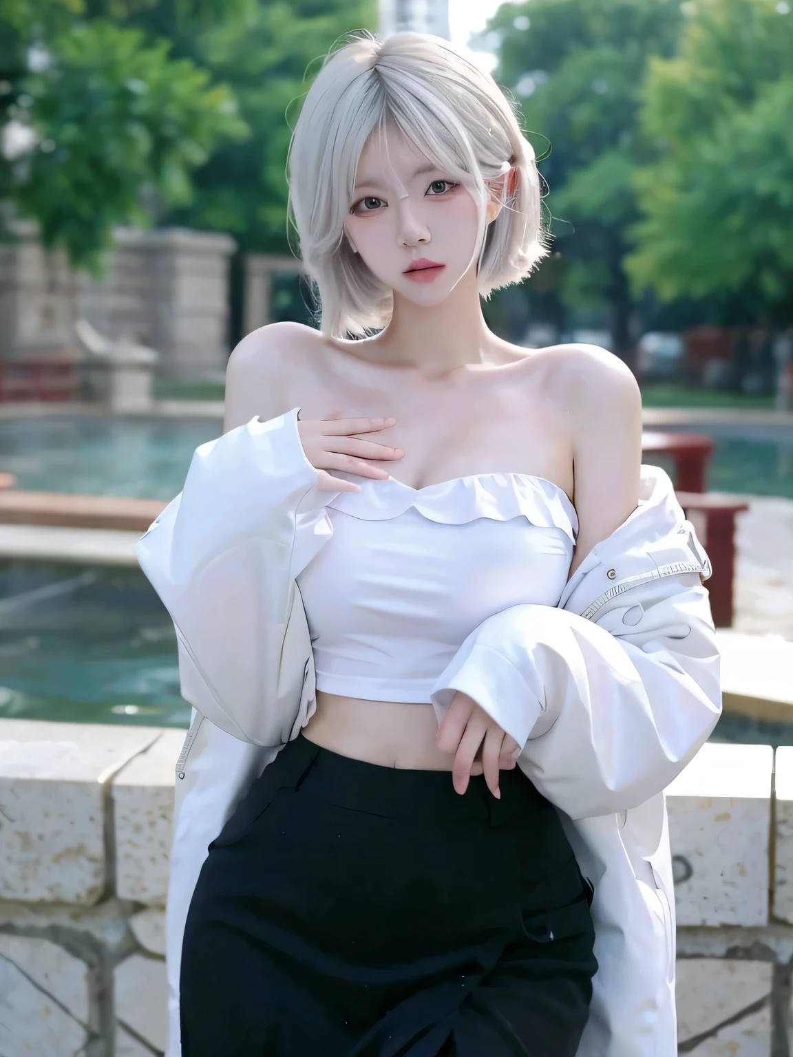 Beautiful Women in Perfect Shape:1.4，snow，Hands on hips，snow background，Layered Hairstyle，White skin，Prominent cleavage，Pleated Skirt，whole body，The facial and skin texture is very delicate，Double eyelids，Skin Whitening，Long white hair