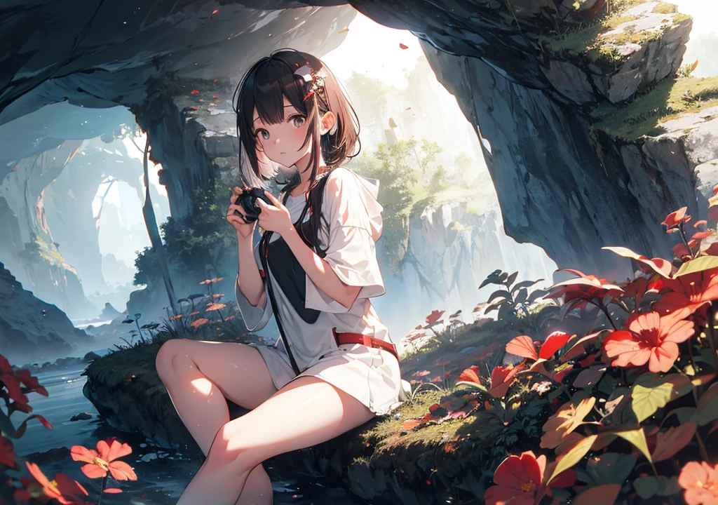 Realistic photos, Focus distance 10mm, Red and white, Beautiful girl, Realistic photos, Shooting at focus distance 10mm, masterpiece, 最high quality, high quality, Very detailed CG 8k wallpaper unit, Award-winning photography, Depth of written boundary, High resolution, bloom, chromatic aberration, Realistic, Very detailed, Art Station Trends, CGsociety Trends, Complex, High detail, dramatic, Art on the go, volumetric lighting, A girl meditating in a cave. She sits on a rock and concentrates in the silence and dim light of the cave, Thin legs, Meditating