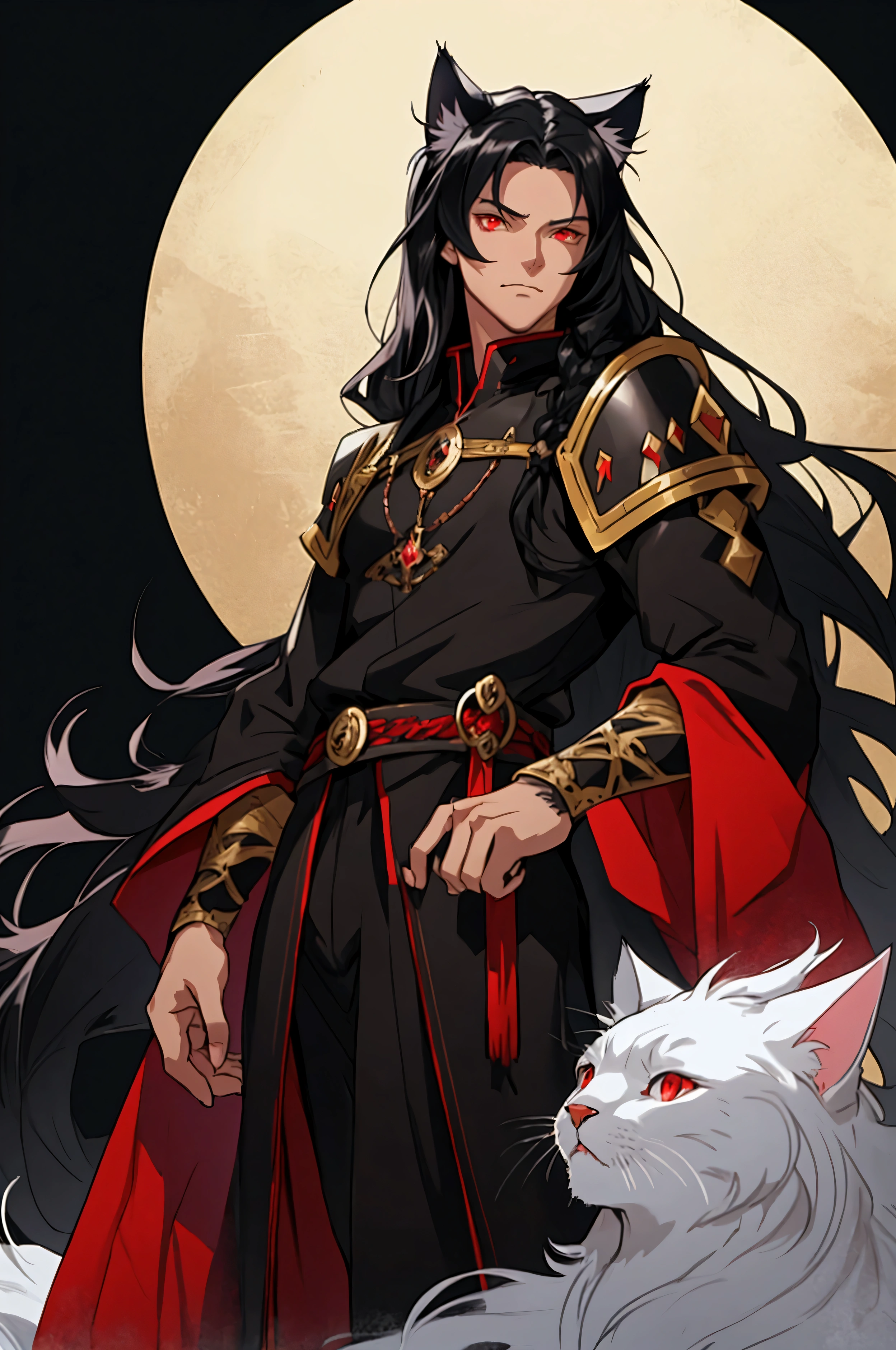 Man, male focus, solo, fluffy cat ears, cat tail, black hair, very long hair, red eyes, slit eyes, fair skin, fantasy clothing, anime, top quality, ultra definition, Illustration, high resolution, fantasy background