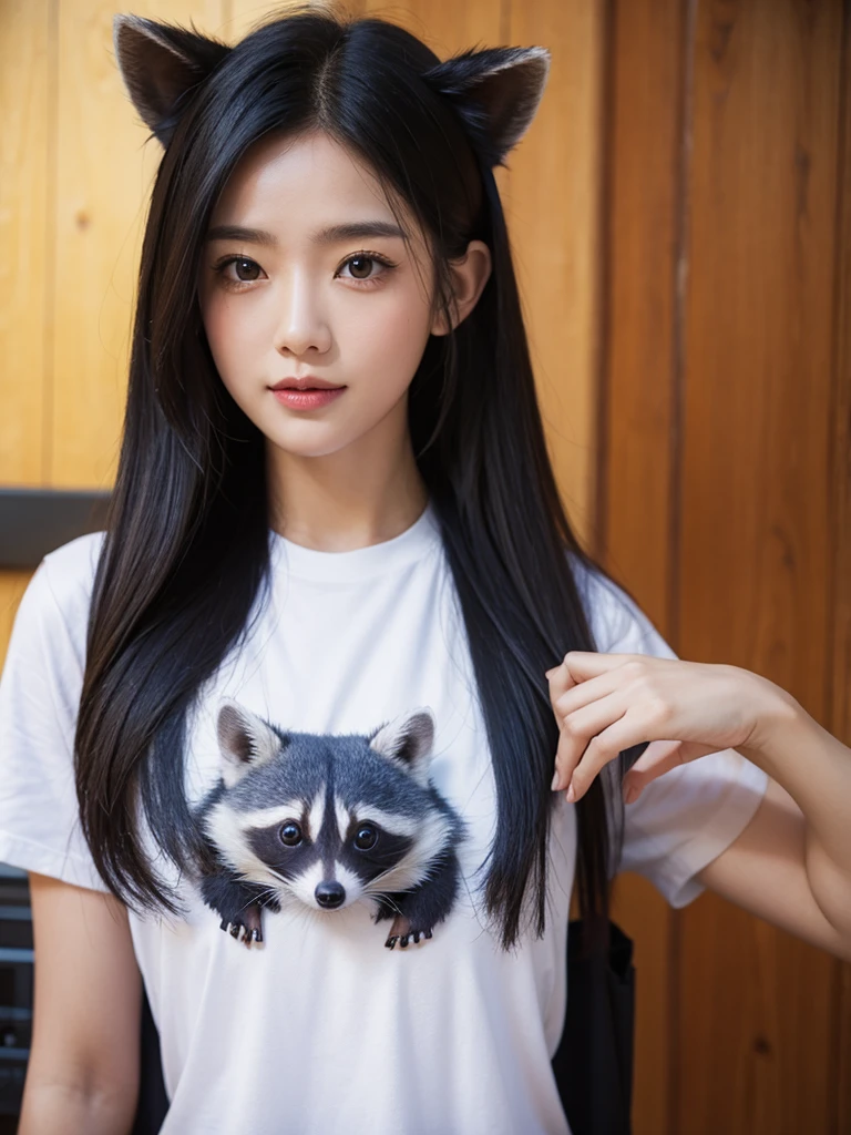 One girlｔshirt raccoon ears, 