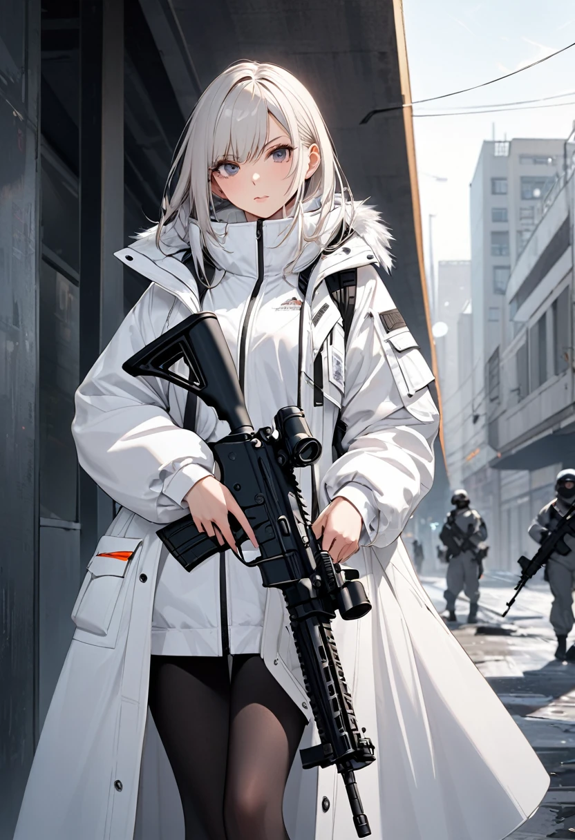 A woman in a white coat is standing with an assault rifle