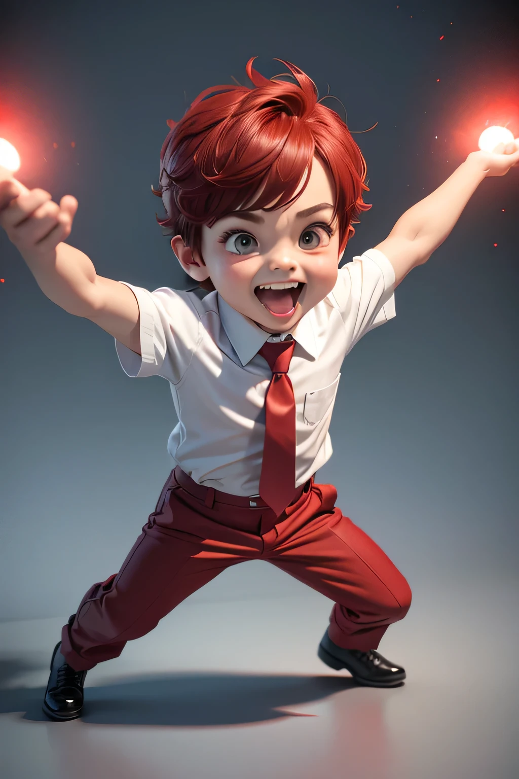 3d midget model, 6 years old boy wear white shirt and red pant with red tie, fun, full body, happy, thump up, animation, variation hair model, greenscreen
