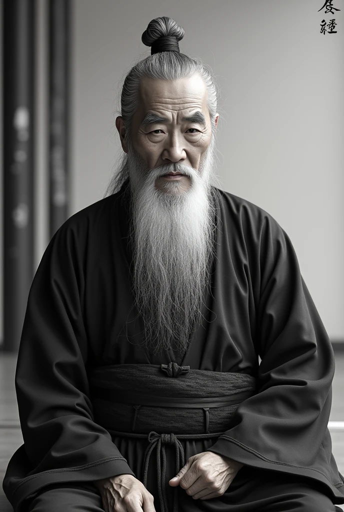 Generate me old Chinese man image with long bear wearing Chinese dress with black and white colour for motivational video 8k, relastic