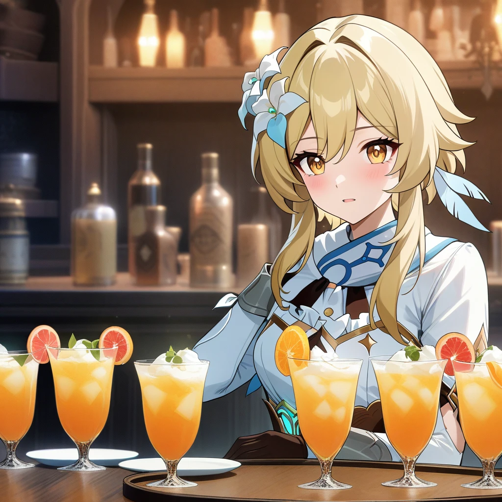 lumine from honkai star rail, lumine, holding drink tray, serving drinks, anatomically correct 1girl, blonde hair, golden eyes, beautiful face, green Victorian dress, gloves, bar background, decorative, masterpiece, high quality, hd, 4k, upper body, genshin artstyle, 