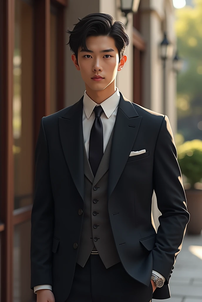 17 year old guy that has European features (and little japanese features), tall, handsome, has a well built body, and old money fashion style